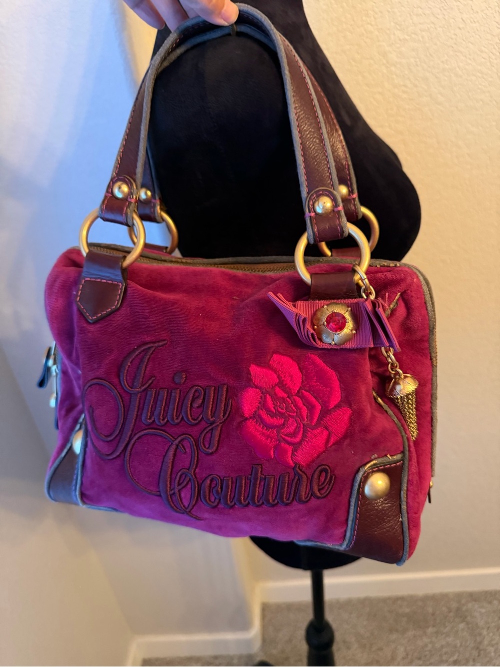 Y2K Juicy Couture Fuchsia Velvet Embroidered Satchel with Gold Hardware